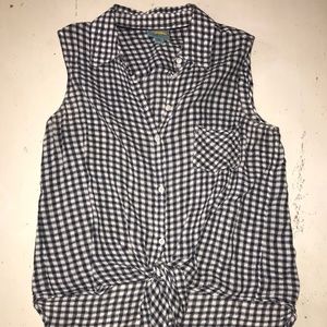 Navy Gingham Button Down Top with Front Tie Accent